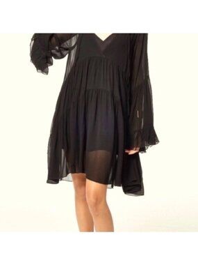 Young Fabulous & Broke Black Sheer Bell Sleeve Tiered Mini Dress, S
